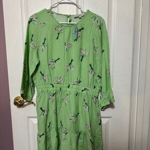Ann Taylor Loft Large Petite 3/4 Sleeve Green Mini Dress With Purple Flowers